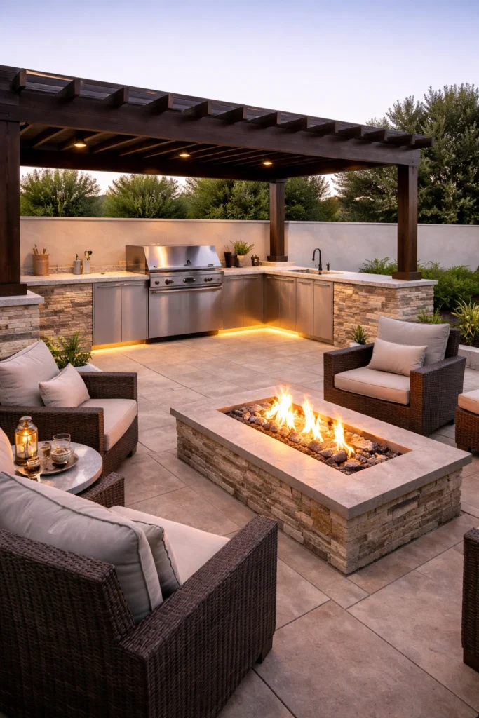 Outdoor Kitchen with Fire Pit Nearby Ideas