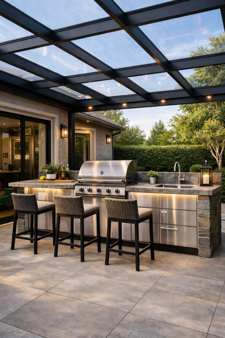 Outdoor Kitchen with Glass Roof Idea