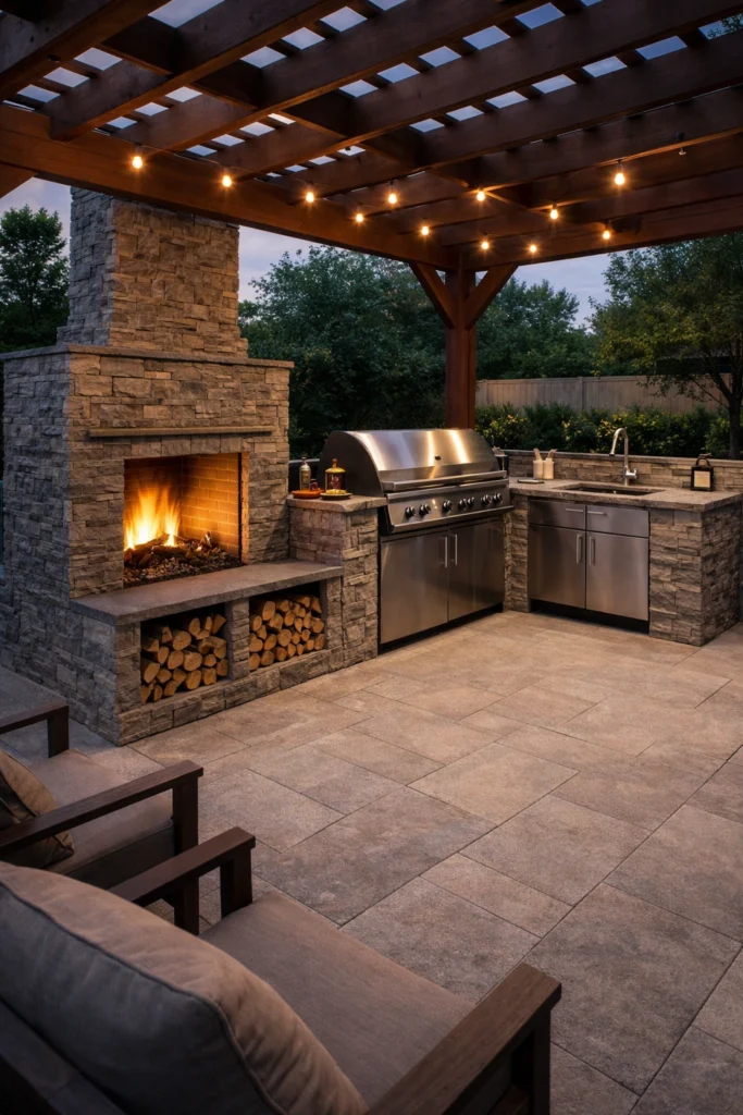 Outdoor Kitchen with Outdoor Fireplace Idea