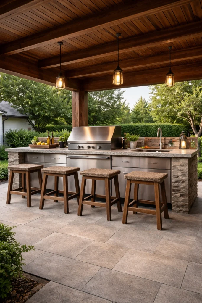 Outdoor Kitchen with Wood Ceiling Idea