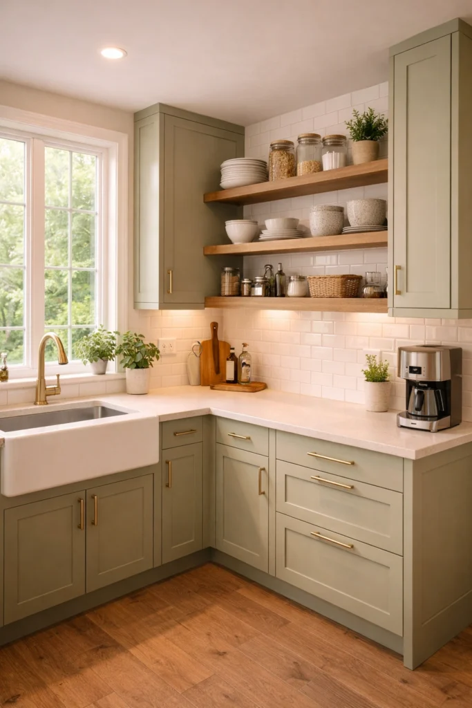 Pale Green Cottage Kitchen with Open Shelves Idea