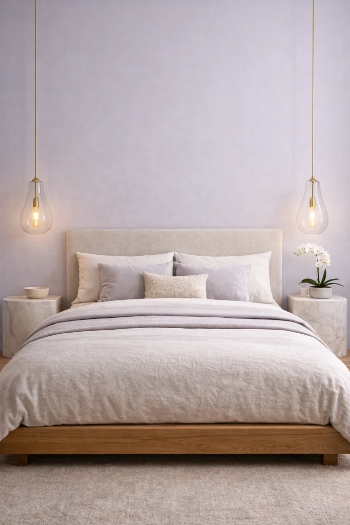 Pale Lavender Bedroom with Hanging Glass Pendants Style