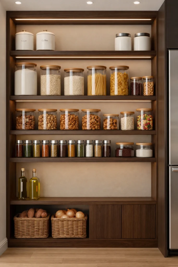 Pantry With Dark Wood Shelving Idea