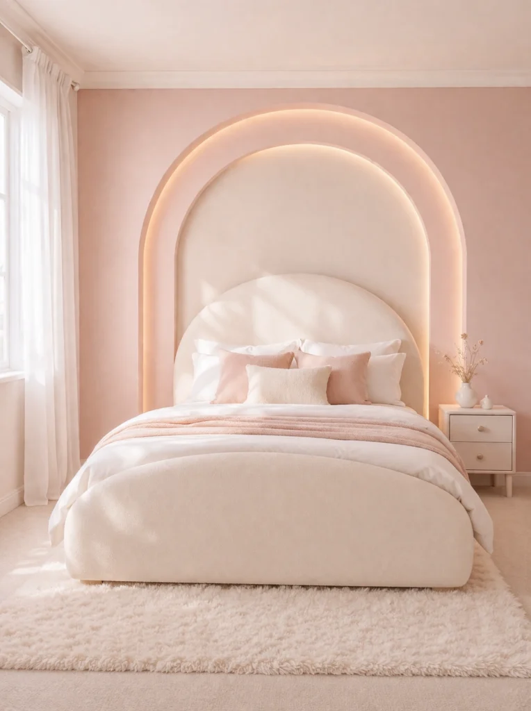 Pastel Arch Wall Bedroom with Upholstered Arch Bed Style