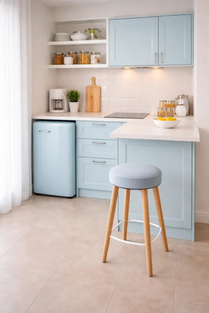 Pastel Blue Mini Kitchen with Compact Stool Idea