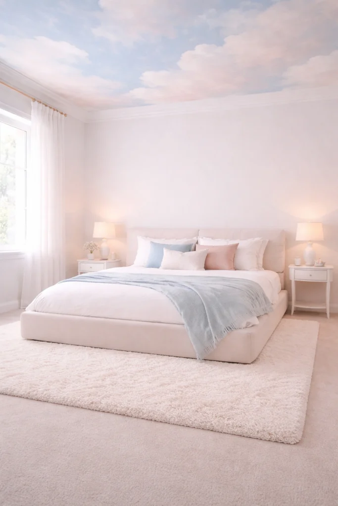 Pastel Cloud Ceiling Bedroom with Low Upholstered Bed Style