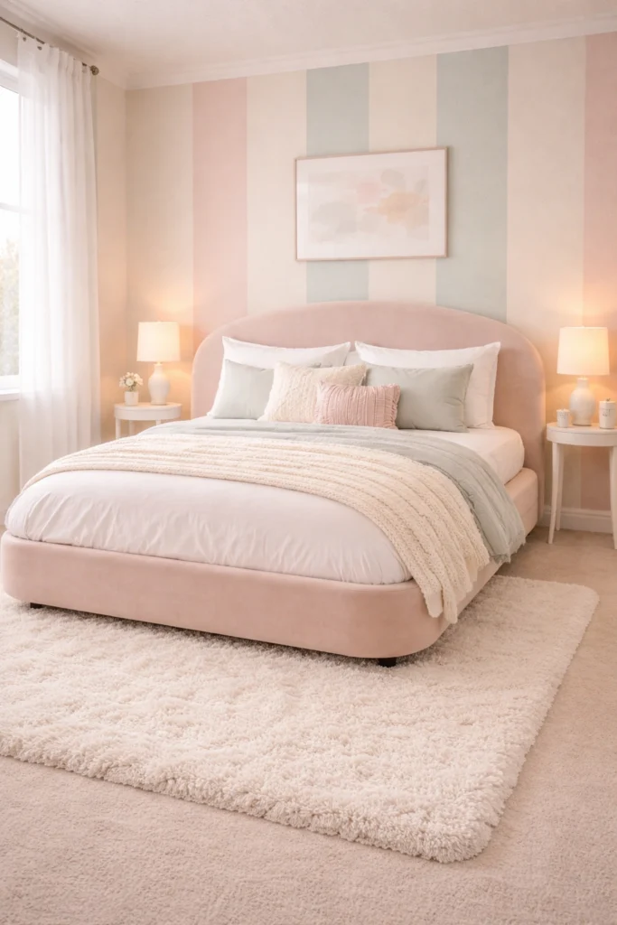 Pastel Stripe Wall Bedroom with Curved Velvet Bed Style