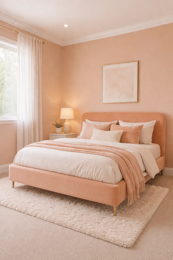 Peach Pastel Bedroom with Velvet Bed Style