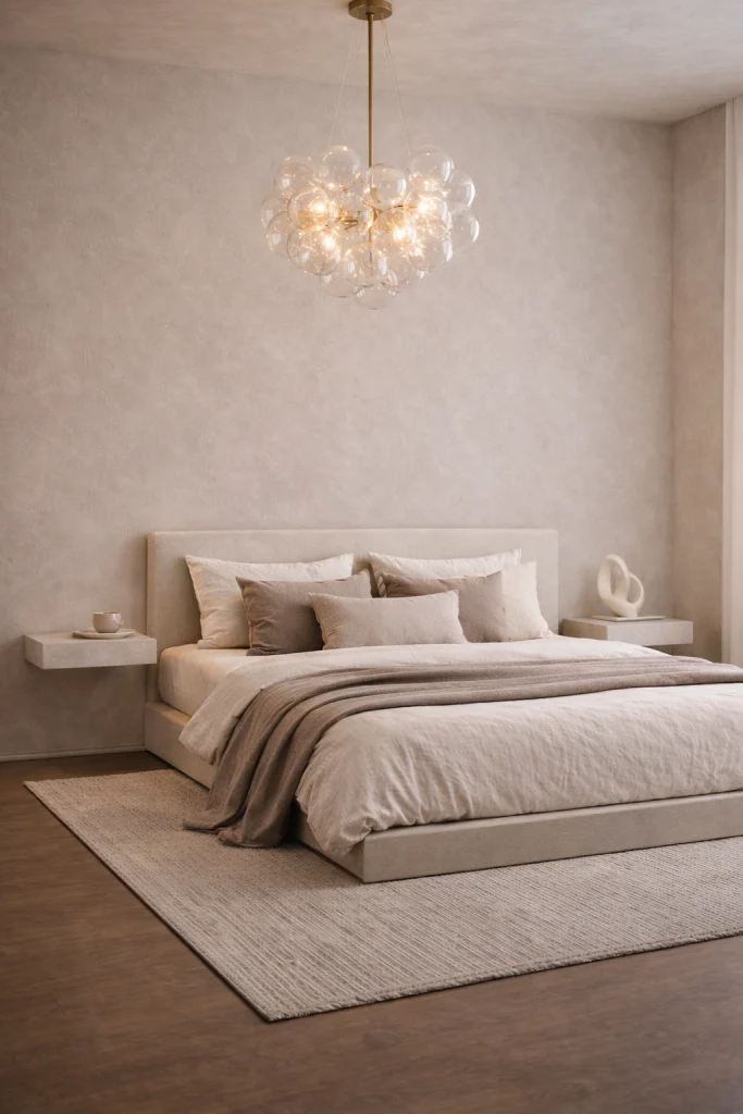 Pearl White Bedroom with Bubble Glass Chandelier Style