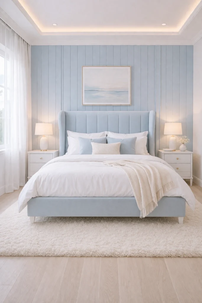 Powder Blue Panel Wall Bedroom with Upholstered Wingback Bed Style