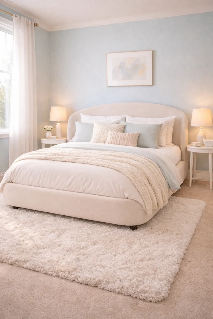 Powder Blue Soft Bedroom with Rounded Upholstered Bed Style