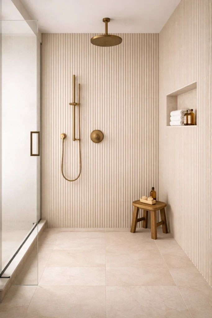 Ribbed Stone Tiles in a Minimal Walk-In Shower Style