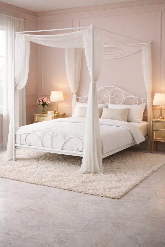 Romantic White Metal Canopy Bed Style