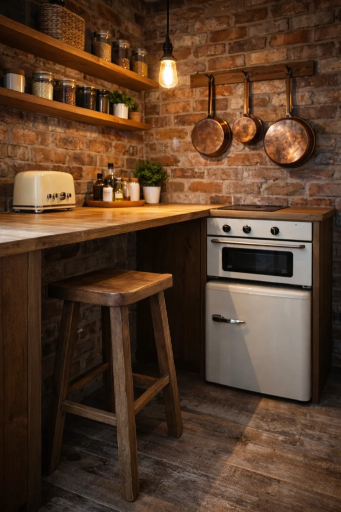 Rustic Brick Mini Kitchen with Wooden Stool Idea