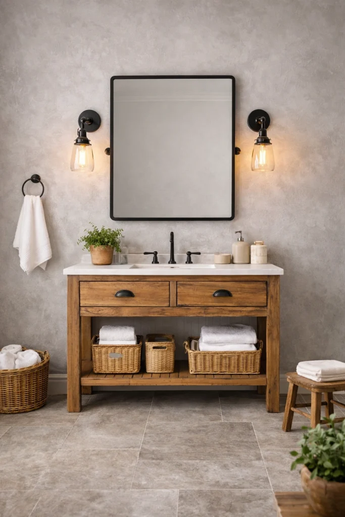 Rustic Farmhouse Bathroom With Industrial Lighting Style