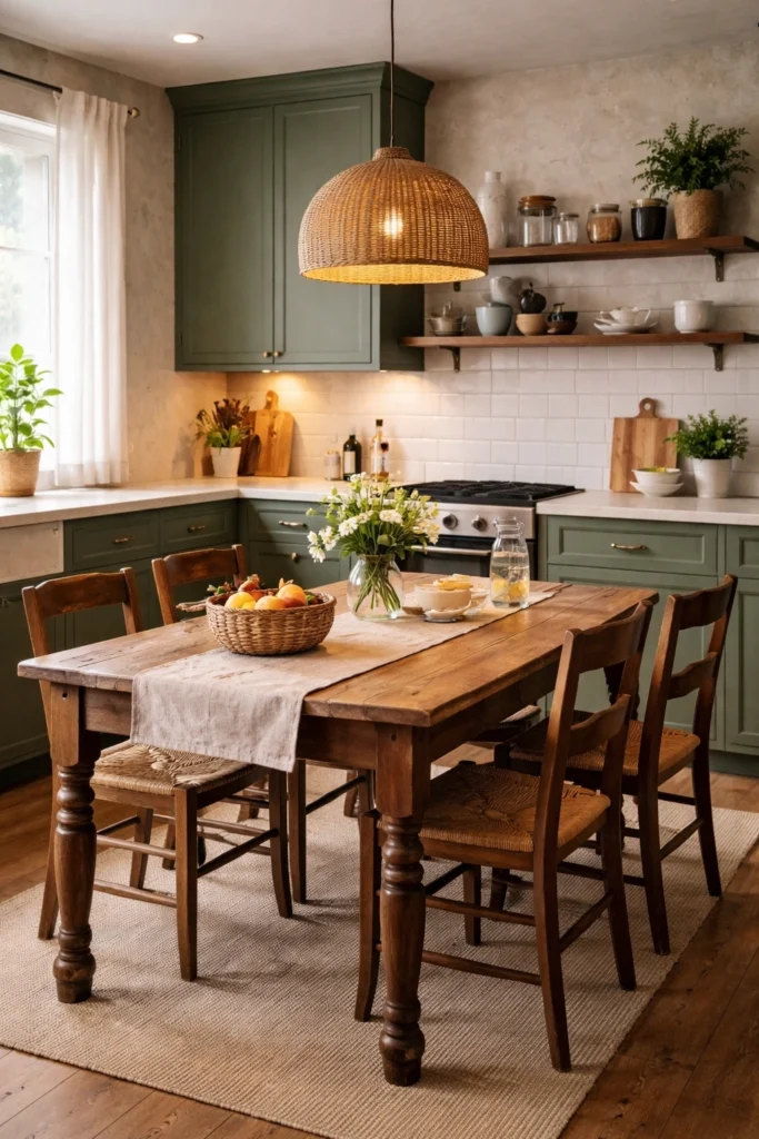 Rustic Green Kitchen with Freestanding Table Idea