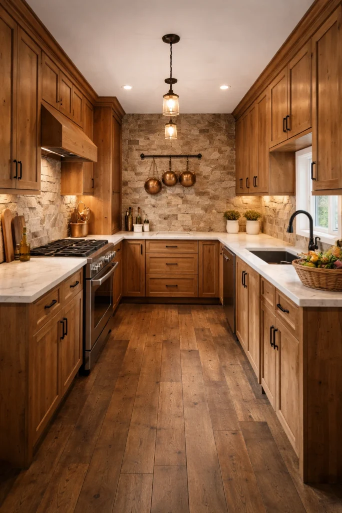 Rustic Wood and Stone Galley Kitchen Idea