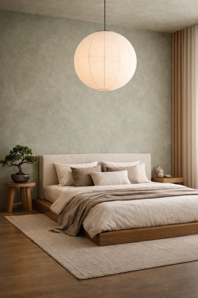 Sage Green Japandi Bedroom with Paper Lantern Pendant Style