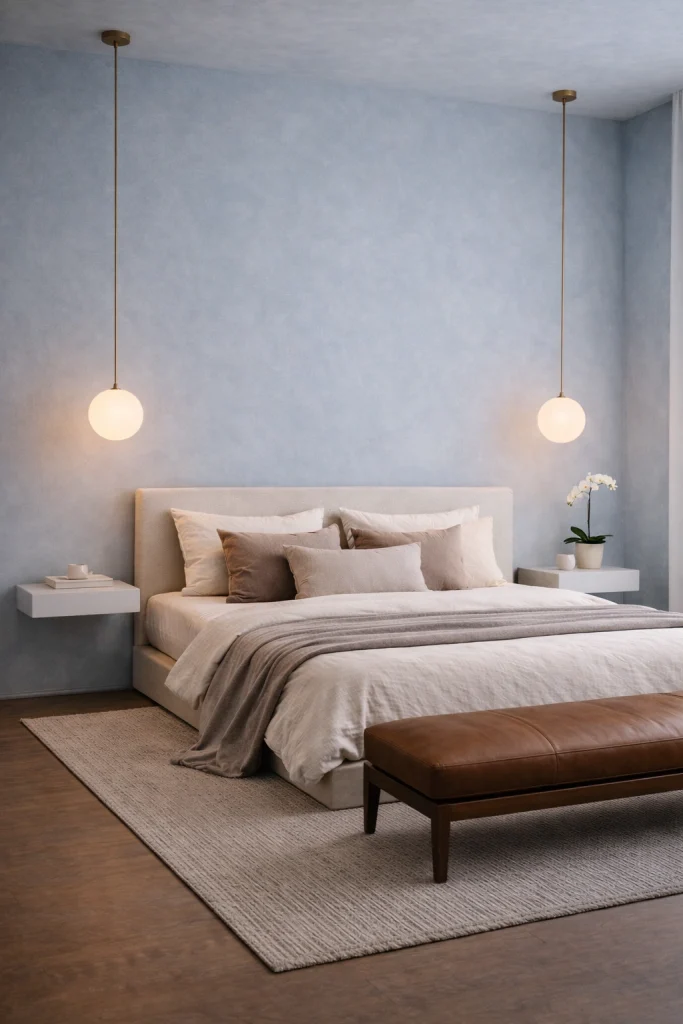 Sky Blue Soft Bedroom with Floating Pendant Lamps Style