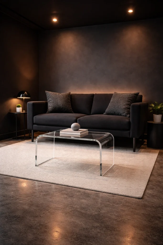 Small Black Living Room with Acrylic Waterfall Stool Idea