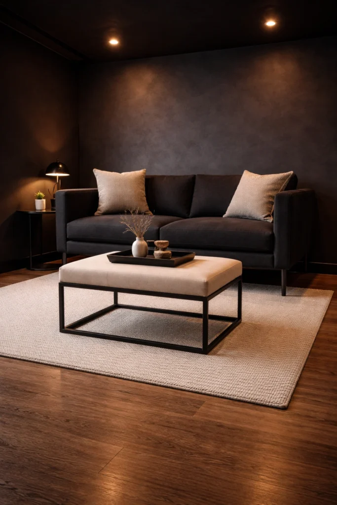 Small Black Living Room with Floating Metal Frame Stool Idea