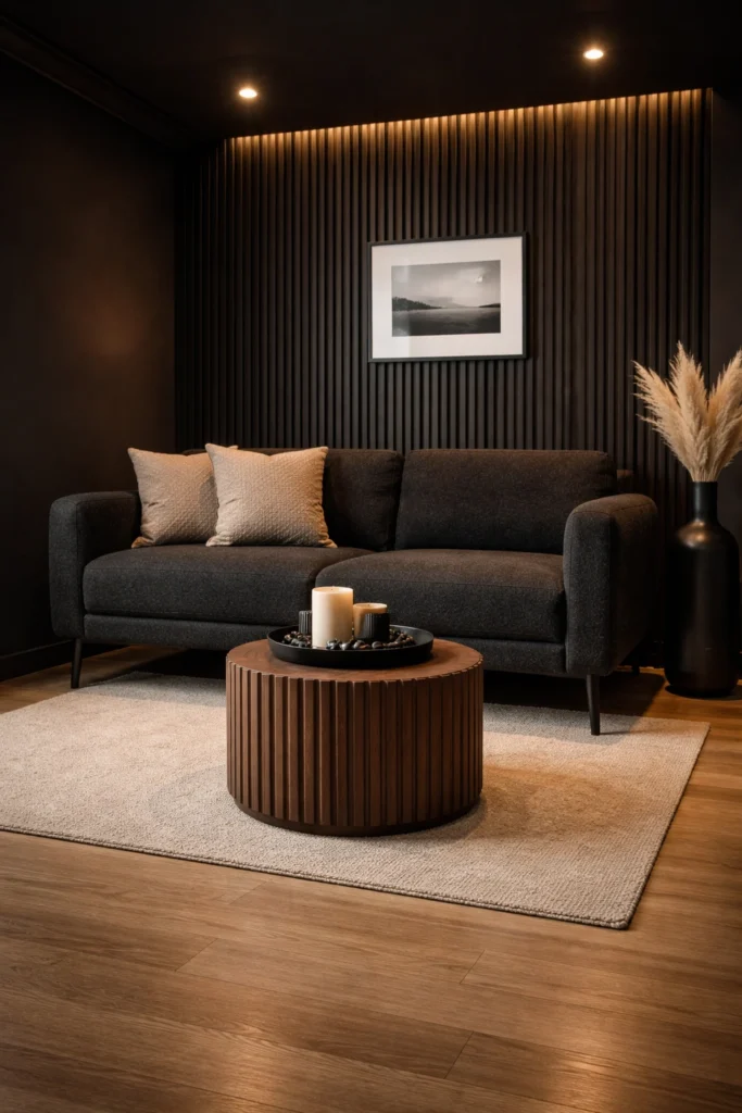 Small Black Living Room with Fluted Wooden Stool Idea