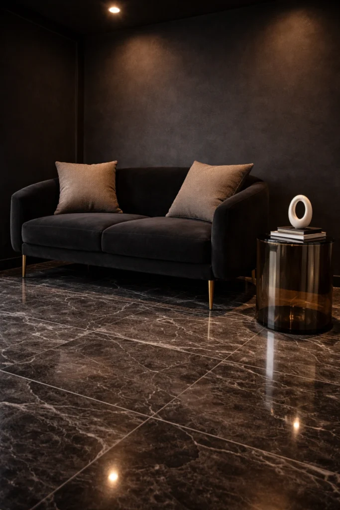Small Black Living Room with Glass Cylinder Stool Idea