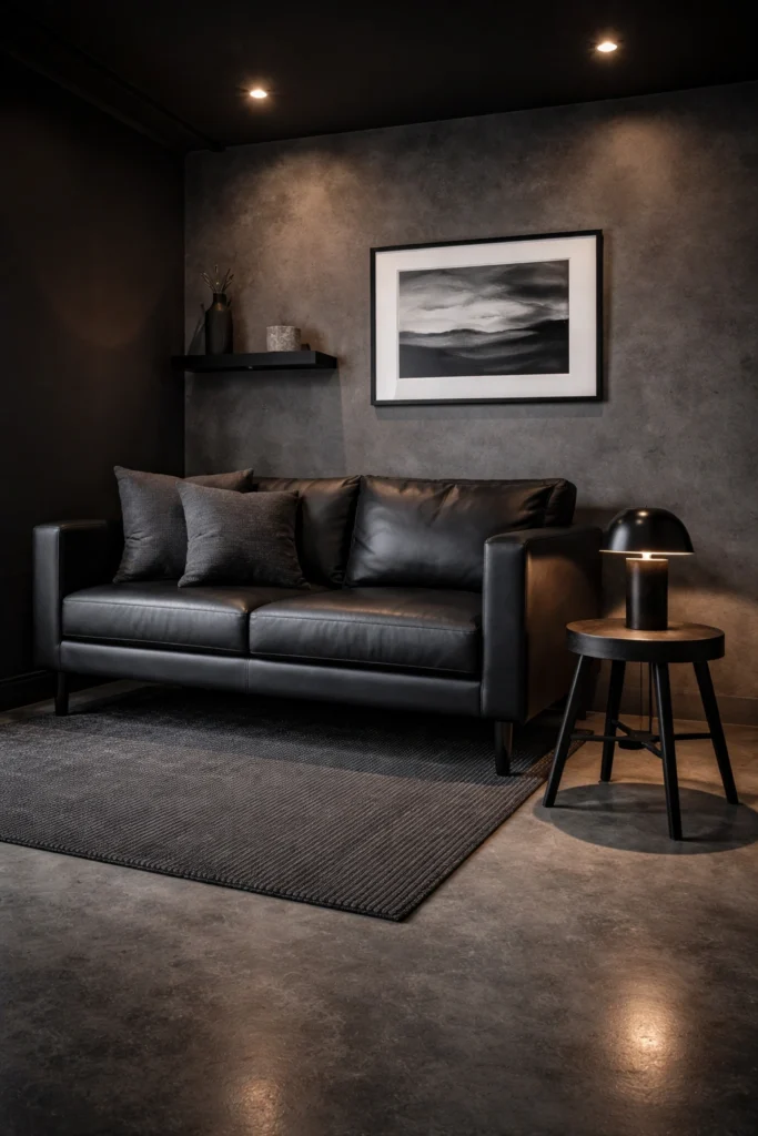 Small Black Living Room with Industrial Metal Stool Idea