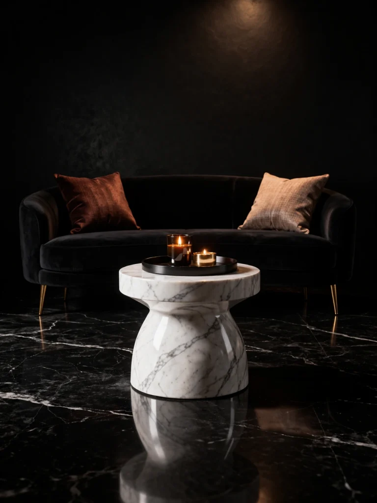 Small Black Living Room with Luxe Marble Pedestal Stool Idea