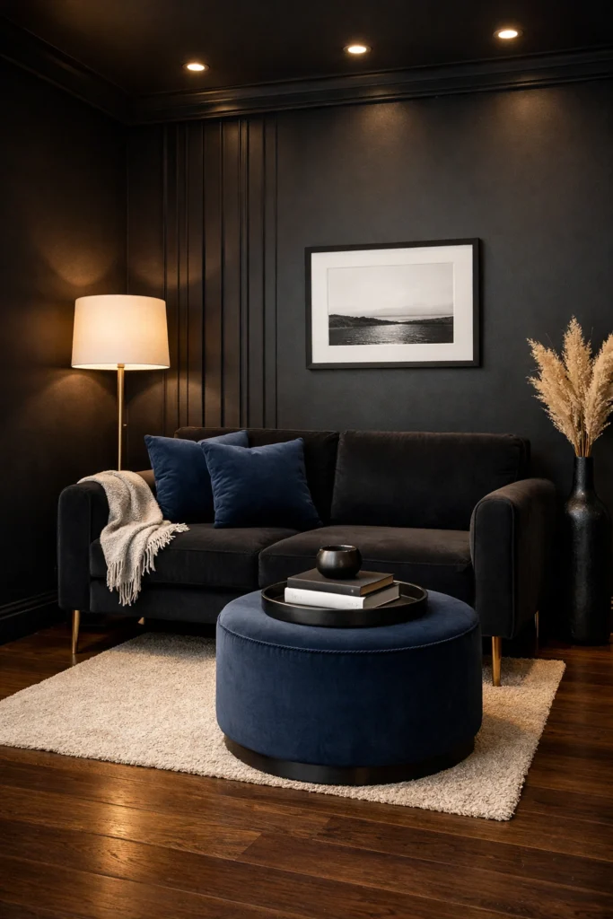 Small Black Living Room with Navy Velvet Round Stool Idea