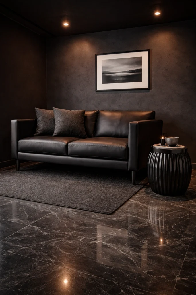Small Black Living Room with Ribbed Ceramic Stool Idea