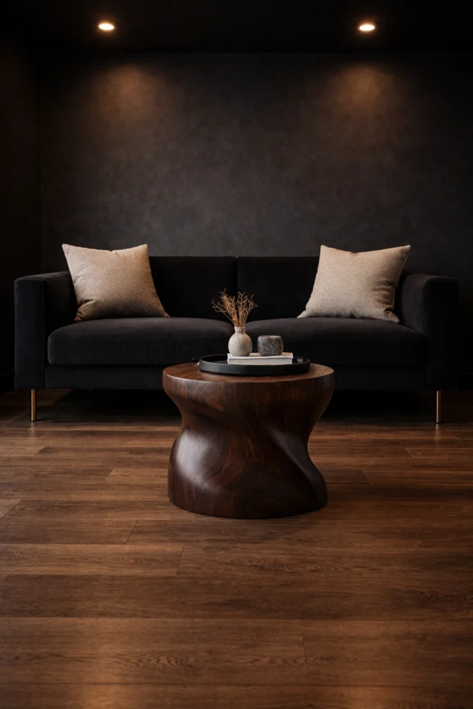 Small Black Living Room with Sculpted Wood Stool Idea