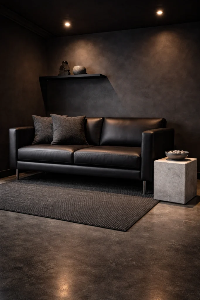 Small Black Living Room with Stone Block Stool Idea
