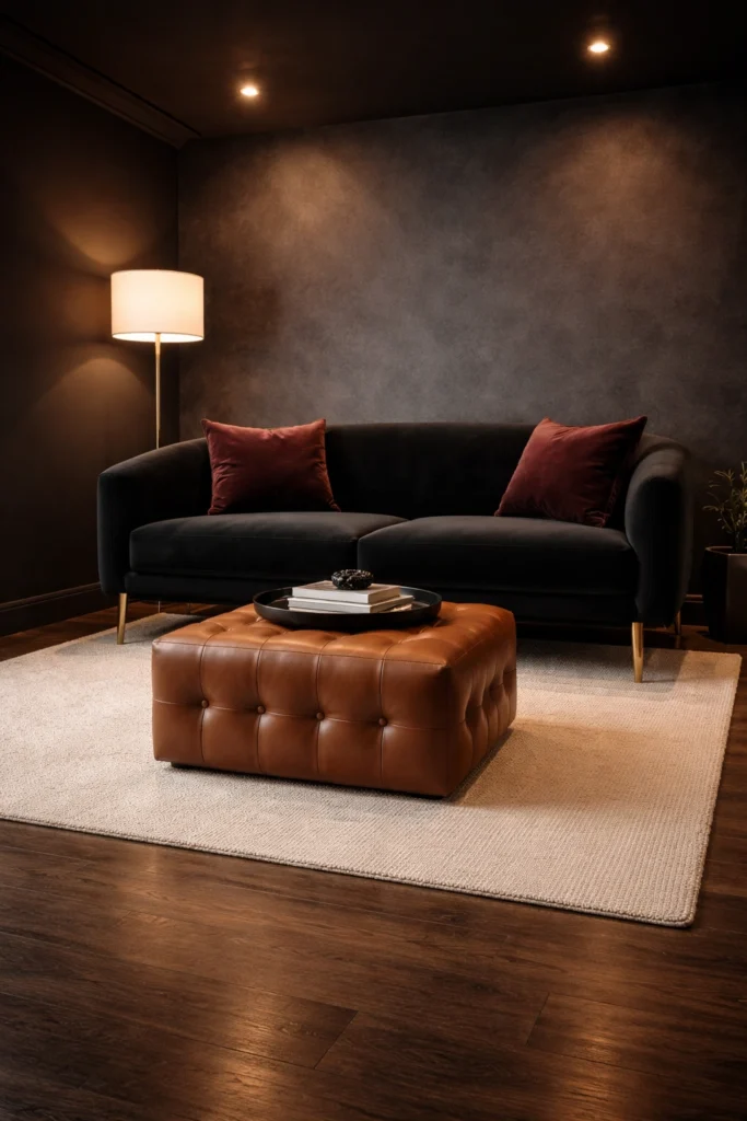 Small Black Living Room with Tufted Leather Stool Idea