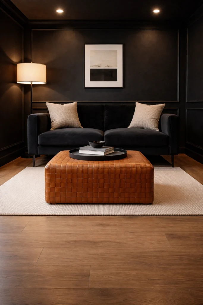 Small Black Living Room with Woven Leather Stool Idea