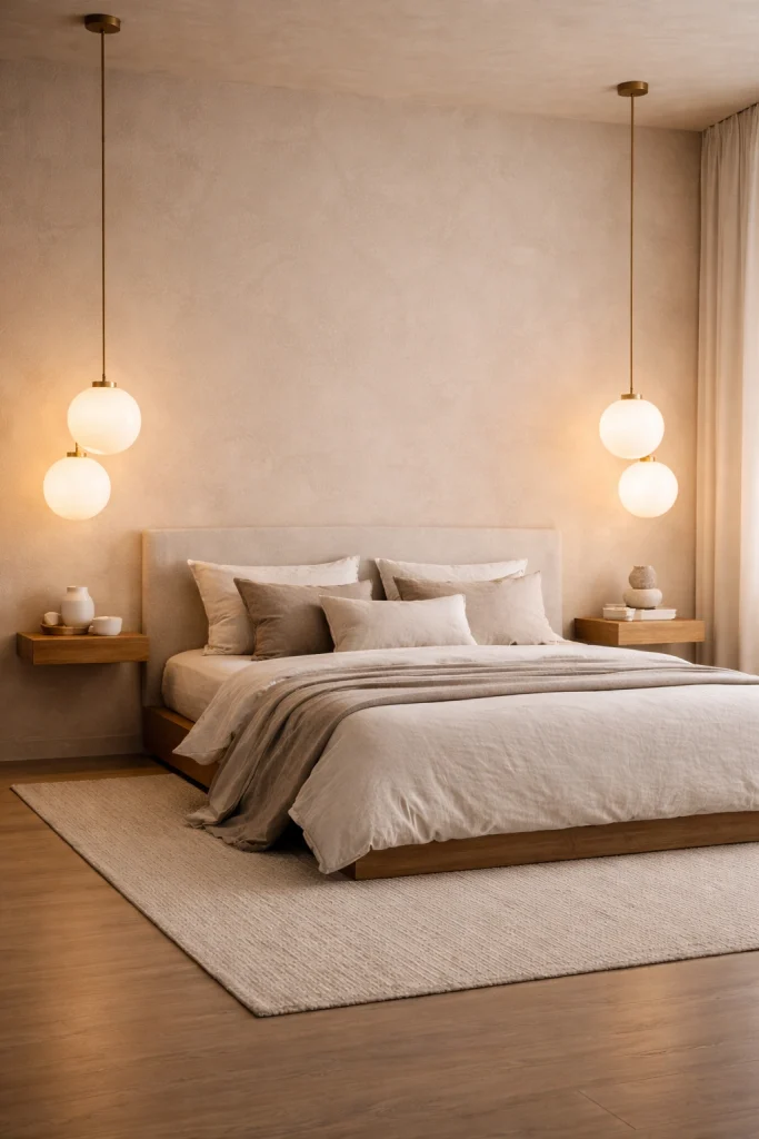 Soft Beige Minimal Bedroom with Orb Pendant Lights Style