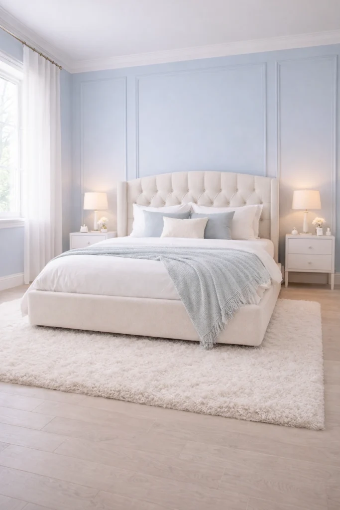 Soft Blue Wall Molding Bedroom with Tufted Bed Style