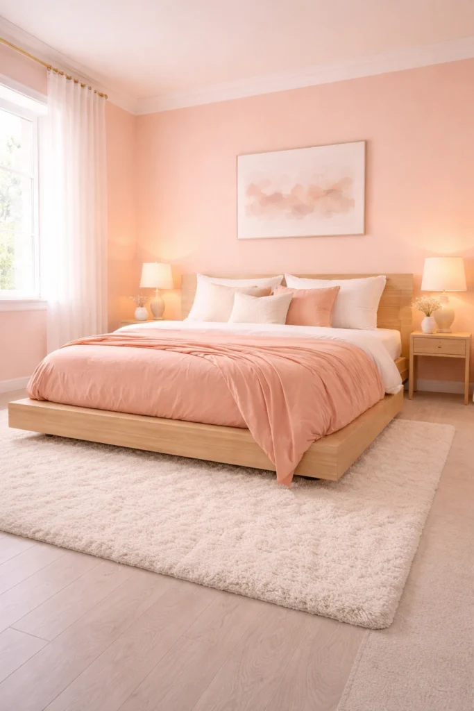 Soft Coral Pastel Bedroom with Wooden Platform Bed Style