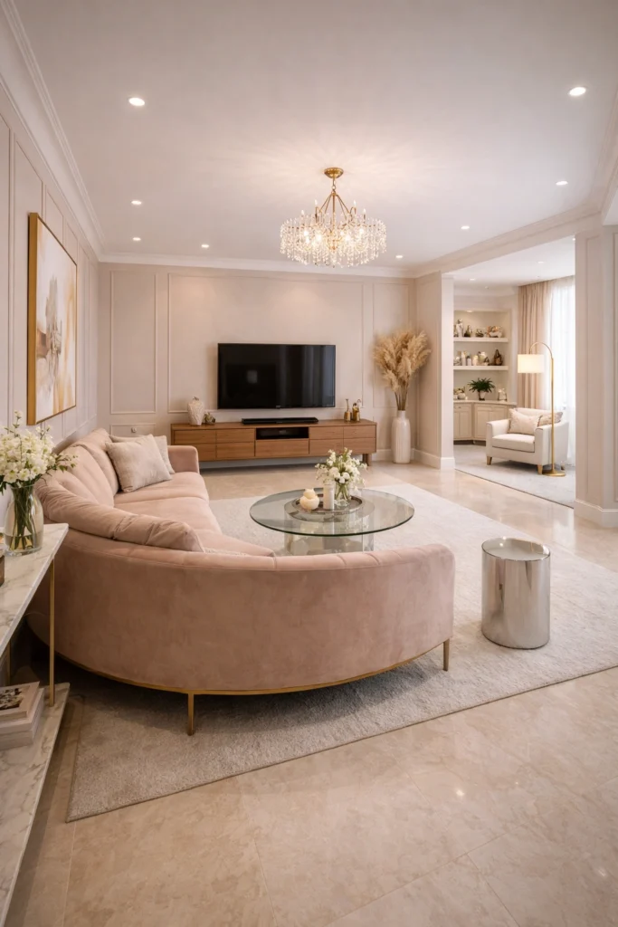 Soft Glam Long Living Room With Elegant Layers Idea