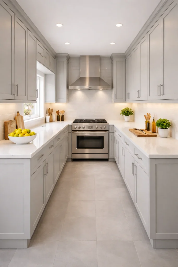 Soft Gray Elegant Galley Kitchen Idea