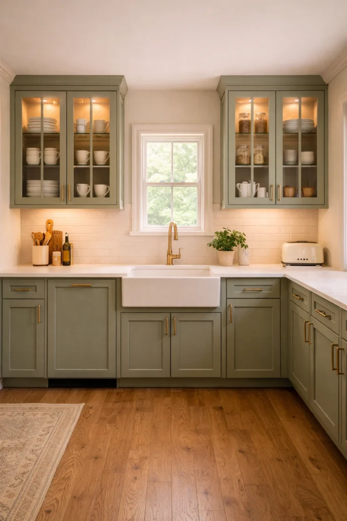 Soft Green Kitchen with Glass Display Cabinets Idea