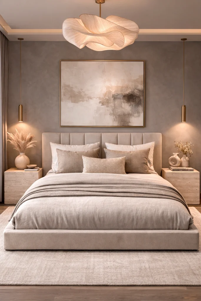 Soft Grey Luxury Bedroom with Sculptural Ceiling Lamp Style