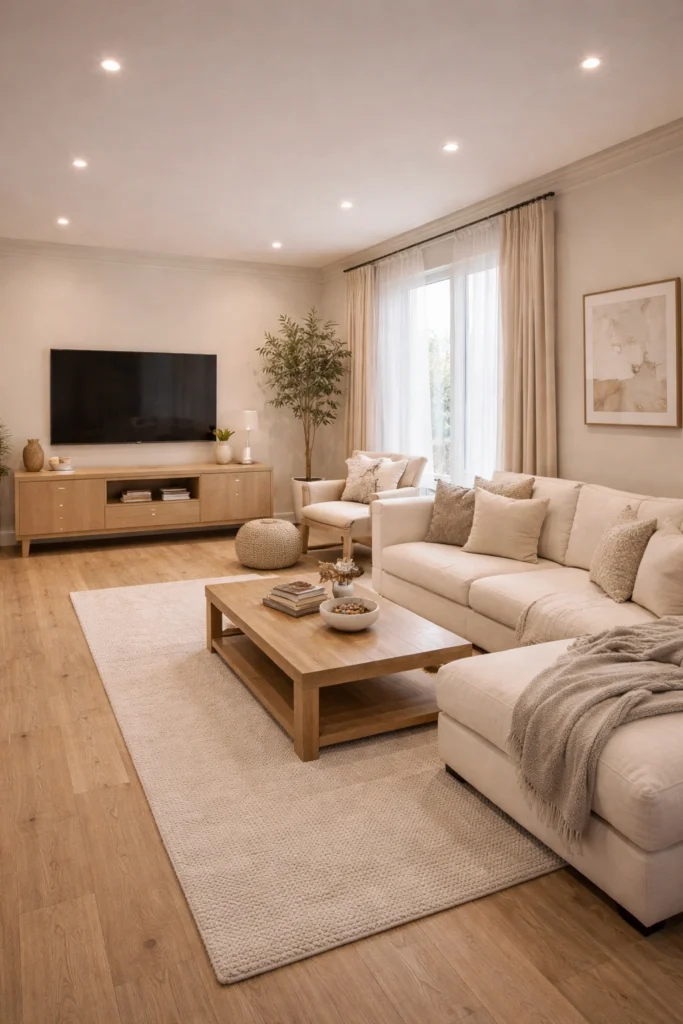 Soft Neutral Long Living Room With Layered Textures Idea