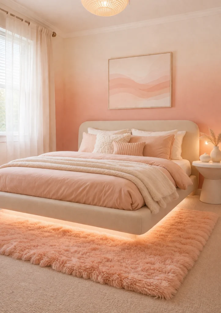 Soft Peach Ombre Bedroom with Floating Upholstered Bed Style