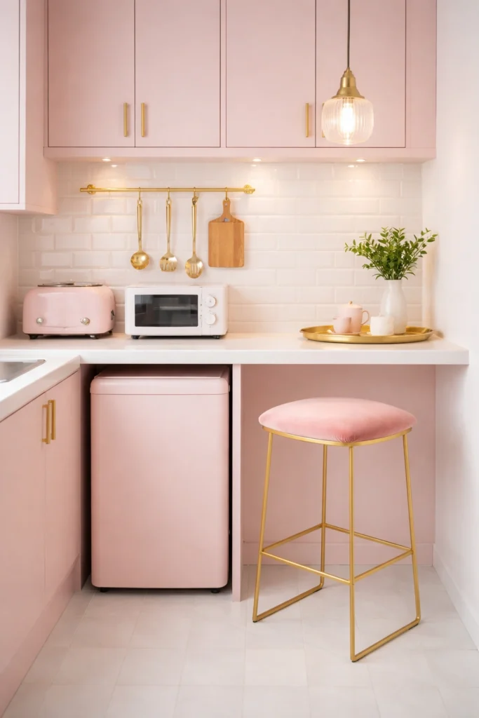Soft Pink Mini Kitchen with Gold Stool Idea
