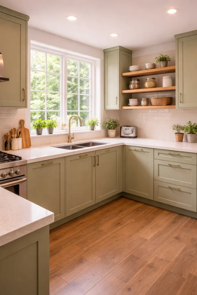 Soft Sage Window Corner Kitchen Idea