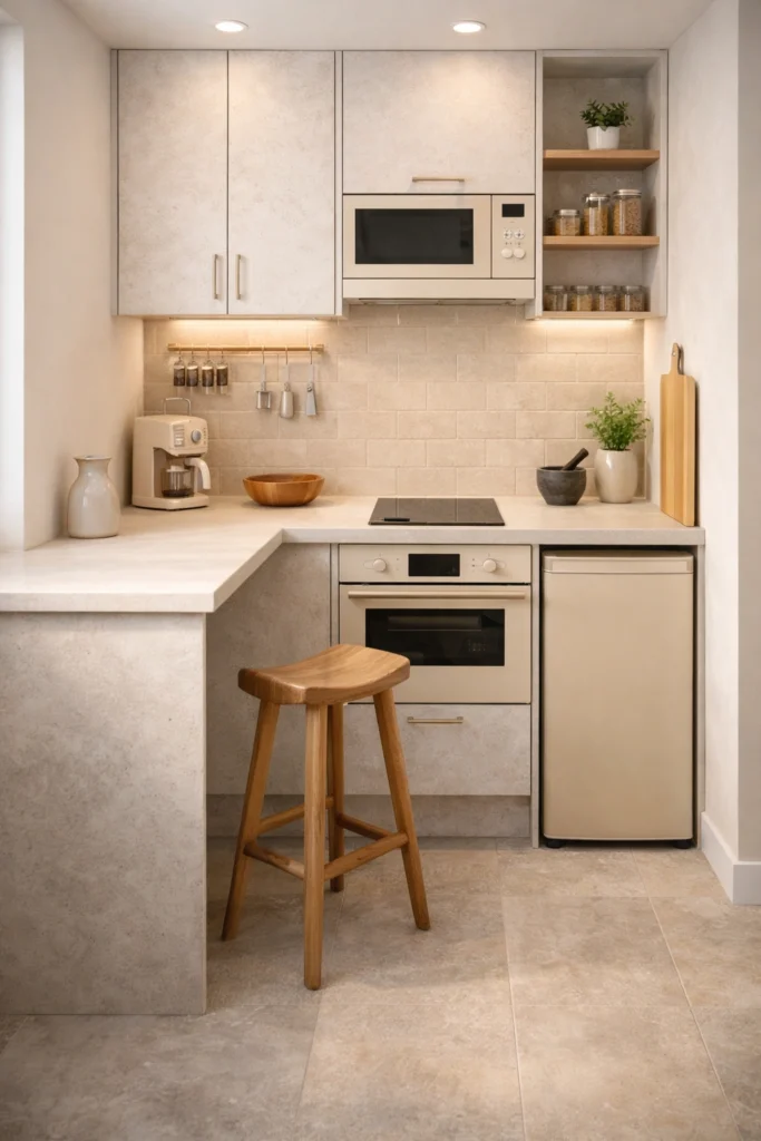 Stone Texture Mini Kitchen with Wooden Saddle Stool Idea
