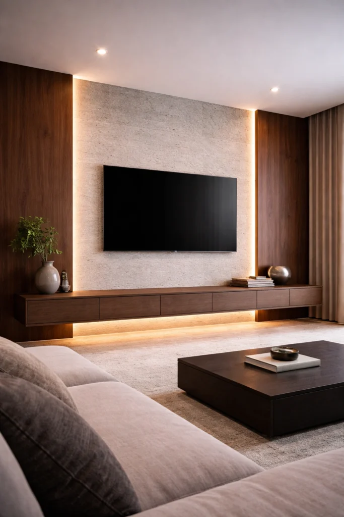 Stone and Wood Combination TV Wall Idea