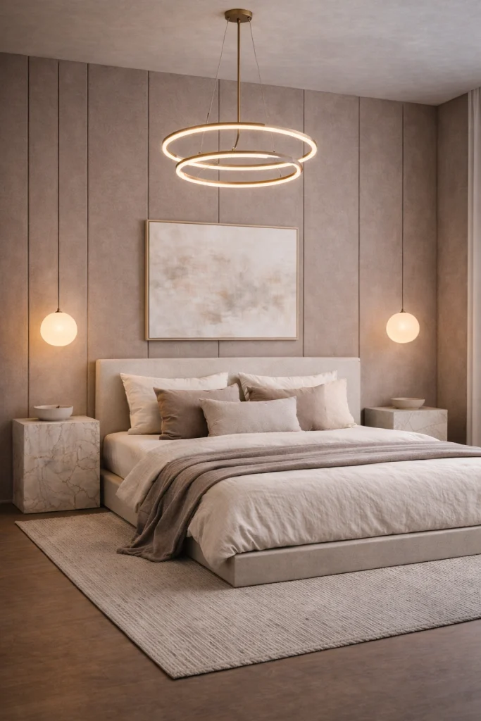 Taupe Modern Bedroom with Ring Chandelier Style
