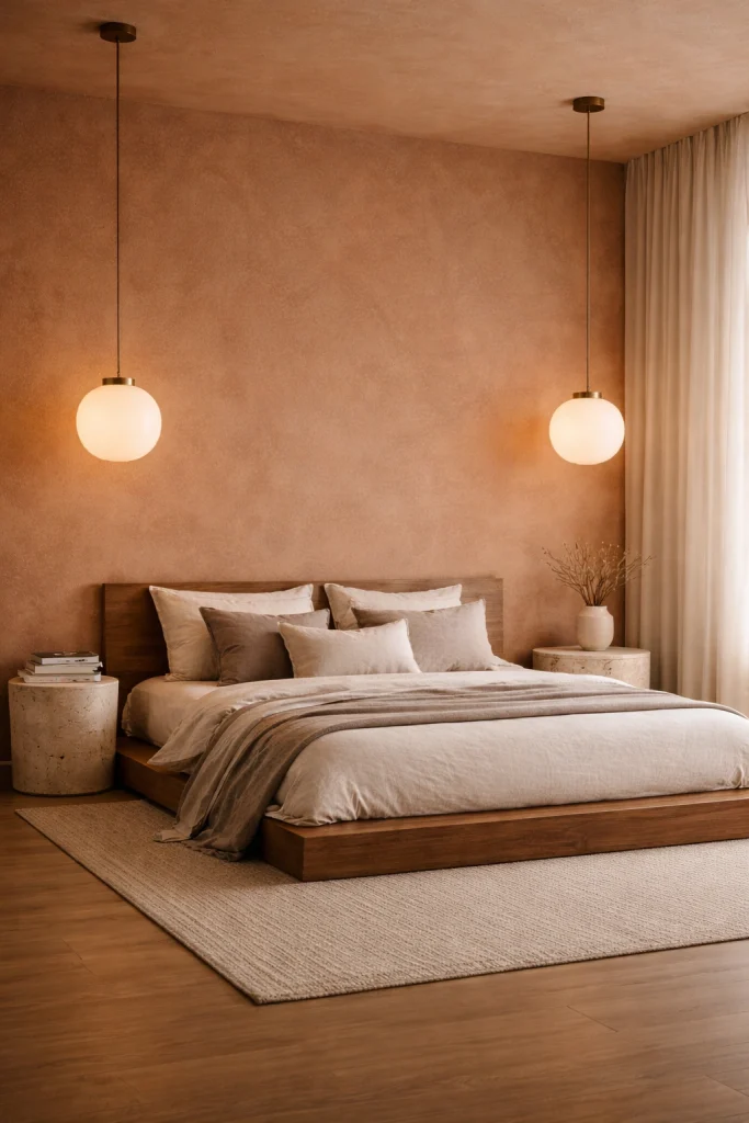 Terracotta Plaster Bedroom with Floating Pendant Lights Style